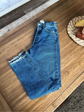 Agolde Medium Blue Straight-Leg Jeans with Frayed Hem